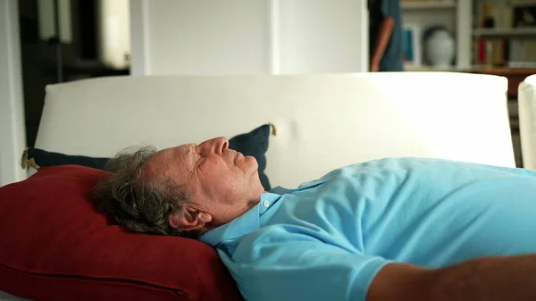 Older Man Lying Sofa Resting Senior Person Napping — Zdjęcie stockowe