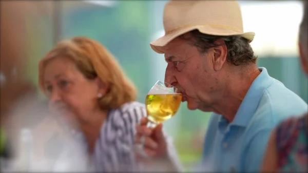 Older Man Drinking Beer Candid Senior Drinks Draft Beer Restaurant — Fotografia de Stock