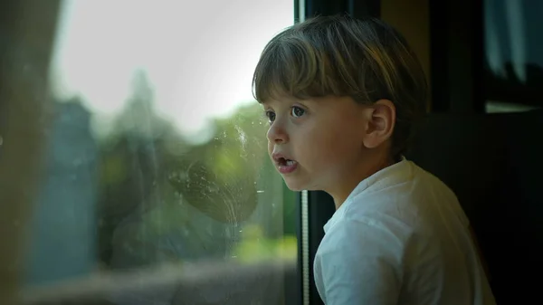 Pequeño Niño Cabalgando Tren Mirando Por Ventana —  Fotos de Stock