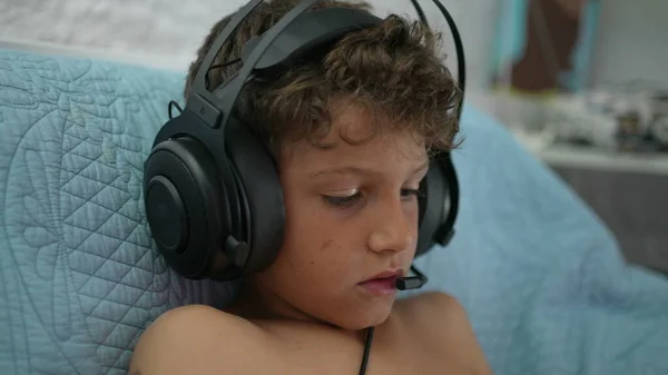 Little Boy Playing Video Game Tablet Wearing Headset Mic — Photo