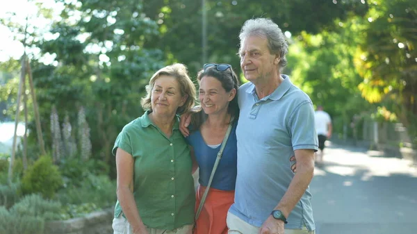 Joyful Daughter Walking Senior Parents Together Green City Laughing Smiling — Stock Photo, Image