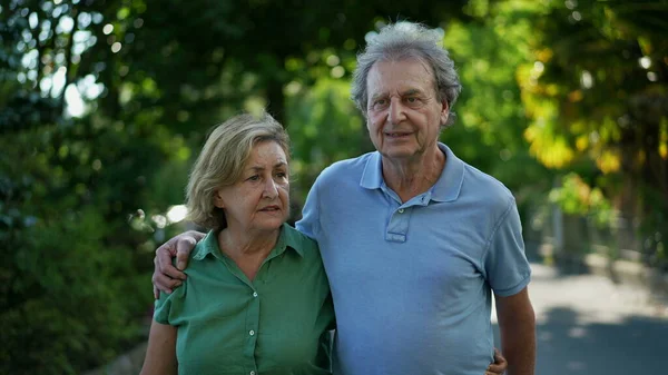 Happy Senior Couple 60S Walking Embracing Each Other Old Age — Stock Photo, Image