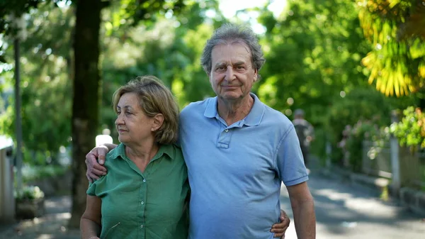 Happy Senior Couple 60S Walking Embracing Each Other Old Age — Fotografia de Stock