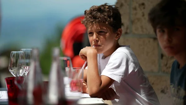 Children Sitting Restaurant Table Kid Drinking Straw — Foto Stock