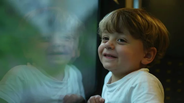 Kind Reist Met Trein Kleine Jongen Staart Uit Het Treinraam — Stockfoto