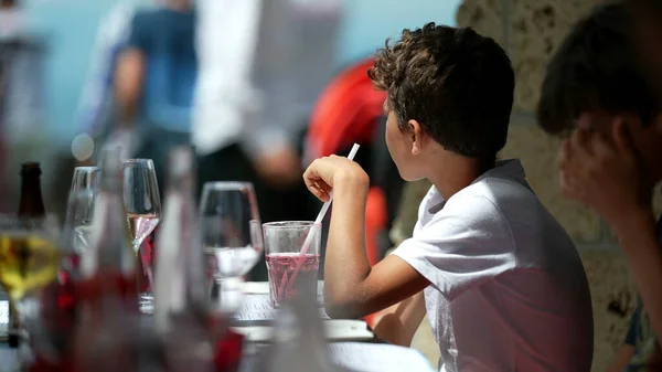 Child Drinking Glass Water Straw Restaurant — Fotografia de Stock