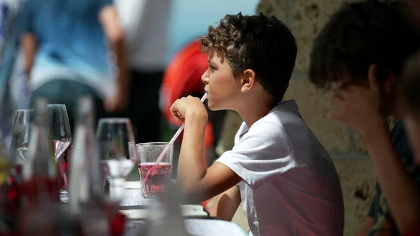 Child Drinking Glass Water Straw Restaurant — Fotografia de Stock