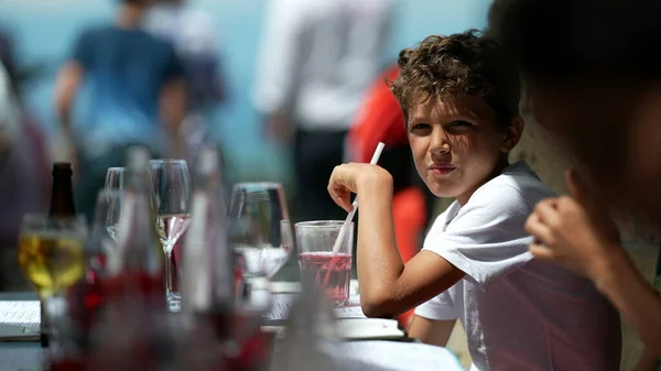 Child Drinking Glass Water Straw Restaurant — Fotografia de Stock