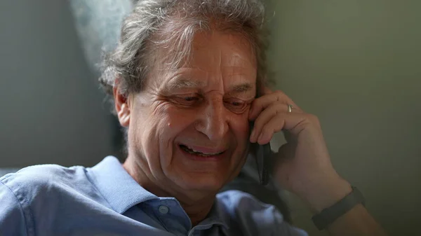 Candid Senior Man Talking Phone Sitting Sofa — Stock Photo, Image