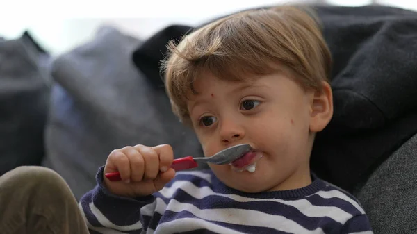 Criança Comendo Iogurte Sentado Sofá Menino Come Iogurte Com Colher — Fotografia de Stock