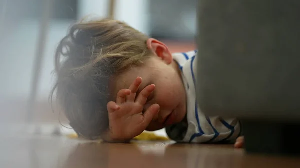 Angry Little Boy Lying Floor Feeling Upset Boredom Home — Zdjęcie stockowe
