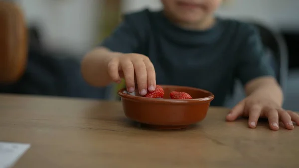 Liten Pojke Tar Mat Från Skålen — Stockfoto