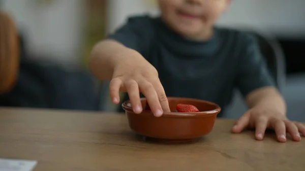 Liten Pojke Tar Mat Från Skålen — Stockfoto