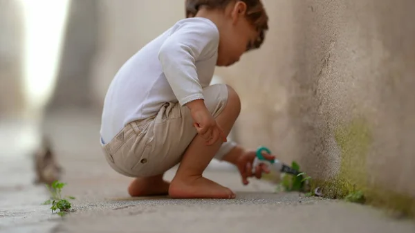 Μικρό Αγόρι Κοπή Πράσινο Φύλλο Ψαλίδι — Φωτογραφία Αρχείου