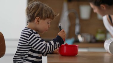 Çatalla meyveli atıştırmalık yiyen küçük tatlı bir çocuk.