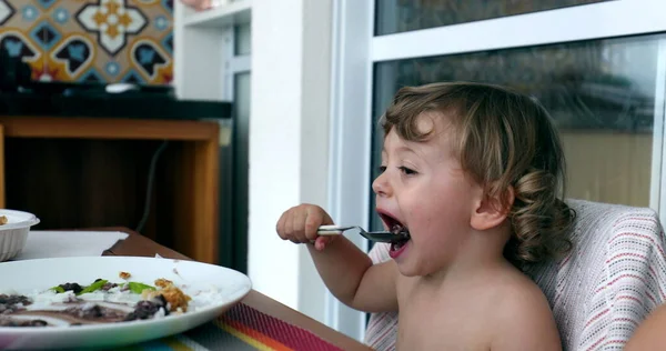 Toddler Boy Eating Lunch Spoon Little Baby Infant Eats Meal —  Fotos de Stock