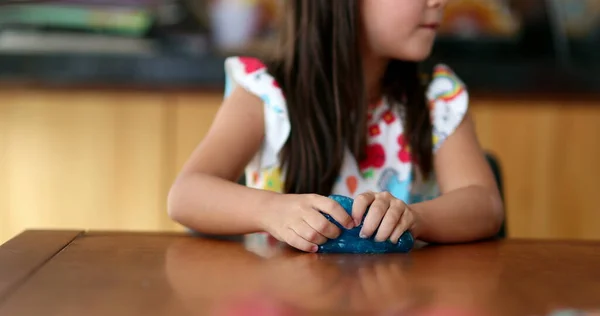 Little Girl Playing Slimy Plasticine Creating Bubble Blue Slime — Stock Fotó