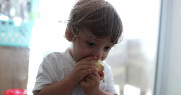 Niedliches Kind Isst Gesunden Snack Obst Apfel — Stockfoto
