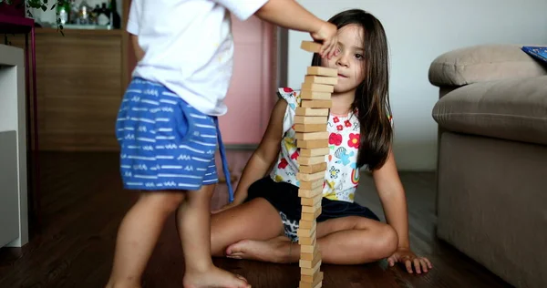 Child Playing Wooden Building Blocks Kid Trial Error Play —  Fotos de Stock