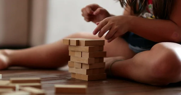 Child Playing Wooden Building Blocks Kid Trial Error Play — Stockfoto