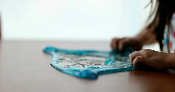 Close Child Hands Playing Blue Plasticine Goo — Stock Photo, Image