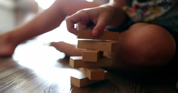 Child Playing Wooden Building Blocks Kid Trial Error Play — Stockfoto