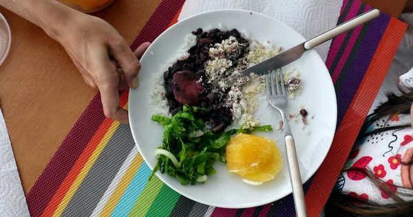 Child Eating Feijoada Traditional Brazilian Plate Rice Beans Greens — Stockfoto