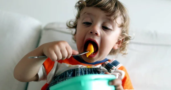 Schattige Peuter Jongen Eten Gezonde Fruit Snack Met Vork — Stockfoto