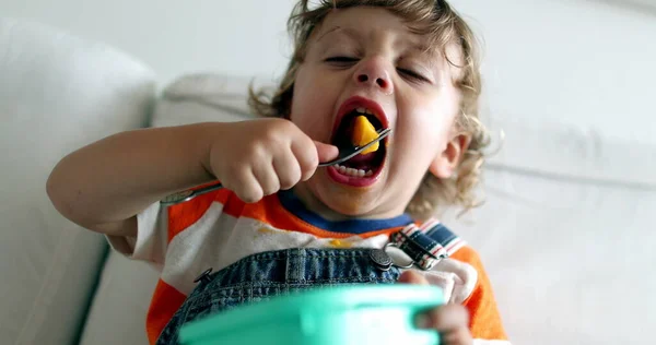 Schattige Peuter Jongen Eten Gezonde Fruit Snack Met Vork — Stockfoto