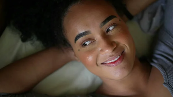 Smiling Happy Black Person Lying Bed Feeling Happy — Stock Photo, Image