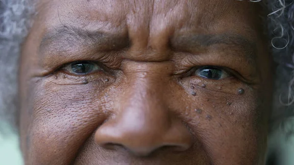 A senior woman macro closeup face eyes looking at camera
