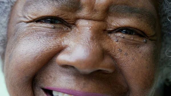 Happy Senior African Woman Macro Closeup Face Smiling — Stock Photo, Image