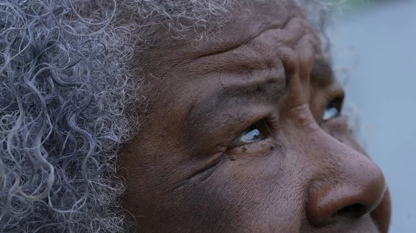 African Older Woman Looking Sky Hope Faith Macro Eyes Face — Stock Photo, Image