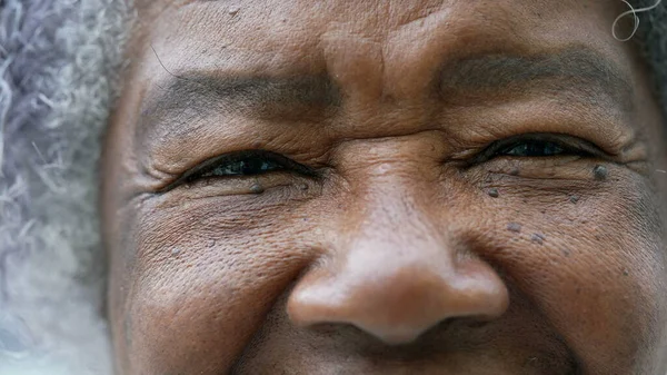 Senior African Woman Macro Closeup Face Eyes Looking Camera — Stock Photo, Image