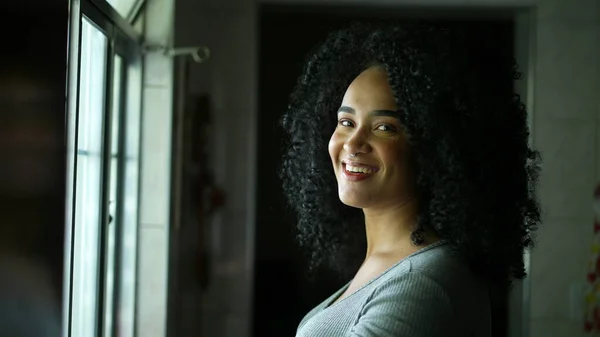 Young Brazilian Woman Turning Head Camera Smiling Diverse Person Portrait — 스톡 사진