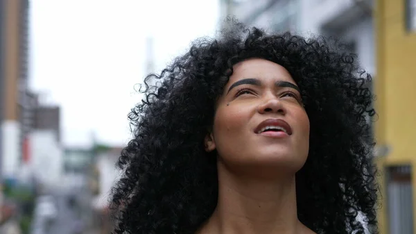Contemplative Black Woman Standing Looking Sky Street —  Fotos de Stock