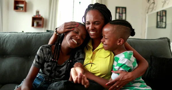 Mother Hugging Children Home African Mixed Race Family Mom Posing — 스톡 사진