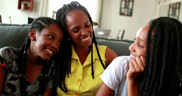Loving African Mother Children Black Mom Teenage Daughters Home Sofa —  Fotos de Stock