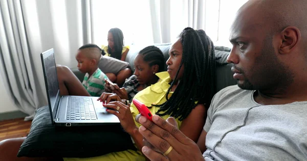 Casual Black African Family Looking Laptop Screen Woman Pointing Finger — Stockfoto