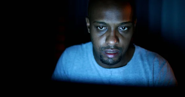 Black Man Face Staring Laptop Screen Night — Stockfoto