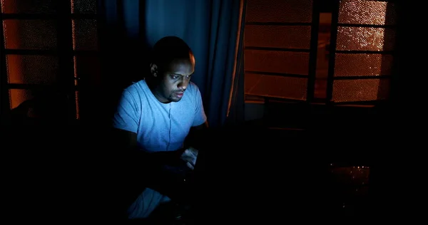 African Man Browsing Internet Late Night Pitch Dark — Stock Photo, Image