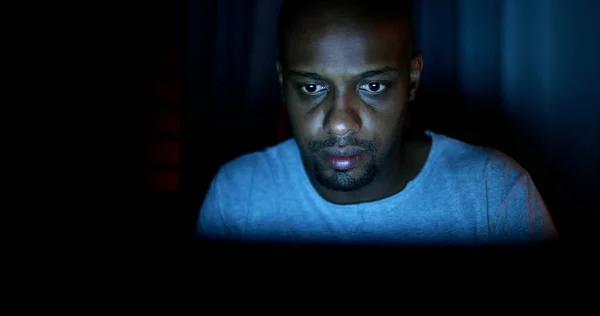 African Man Browsing Internet Night Dark Black Person Looking Laptop — Stockfoto