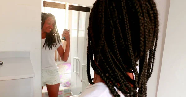 Teenage Adolescent Girl Taking Selfie Photo Front Mirror Reflection Black — Foto Stock