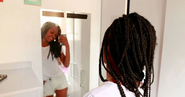 Teenage Adolescent Girl Taking Selfie Photo Front Mirror Reflection Black — Stockfoto