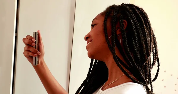 Teenage Adolescent Girl Taking Selfie Photo Front Mirror Reflection Black — Fotografia de Stock