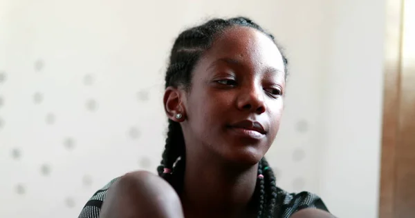 Pensive Black Teen Girl Thoughtful African American Adolescent Teenager Dilemma — Zdjęcie stockowe