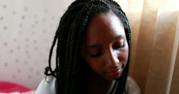 Pensive Black Teen Girl Thoughtful African American Adolescent Teenager Dilemma — Stock Fotó