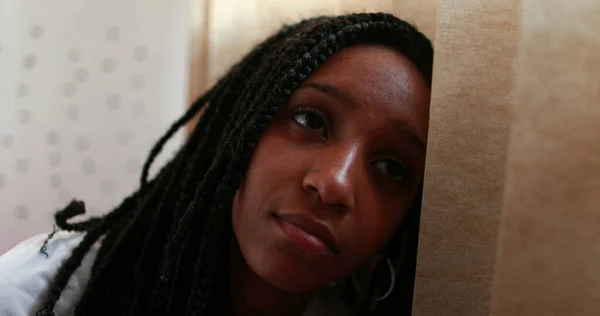 Pensive Black Teen Girl Thoughtful African American Adolescent Teenager Dilemma — Stockfoto