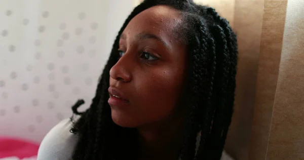 Pensive Black Teen Girl Thoughtful African American Adolescent Teenager Dilemma — Stock fotografie