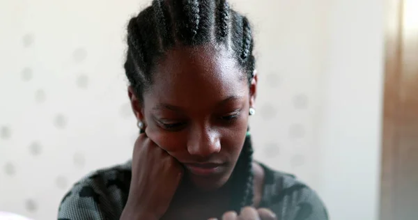 Pensive Black Teen Girl Child Thinking Thoughtful Sad Depressed Teenager — Stockfoto